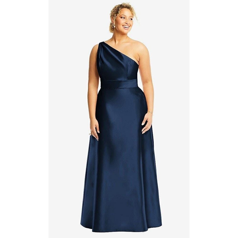 Alfred Sung Style D815 Draped One-Shoulder Satin Maxi Dress Size 14 - Picture 2 of 8